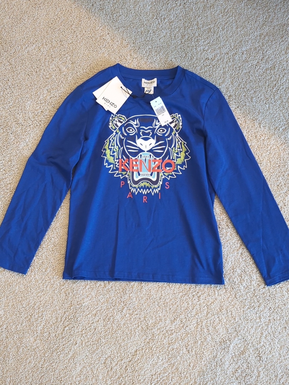 NWT Boys Size 12 Kenzo Royal Blue Long-Sleeve Tee with Multicolor Tiger Logo
